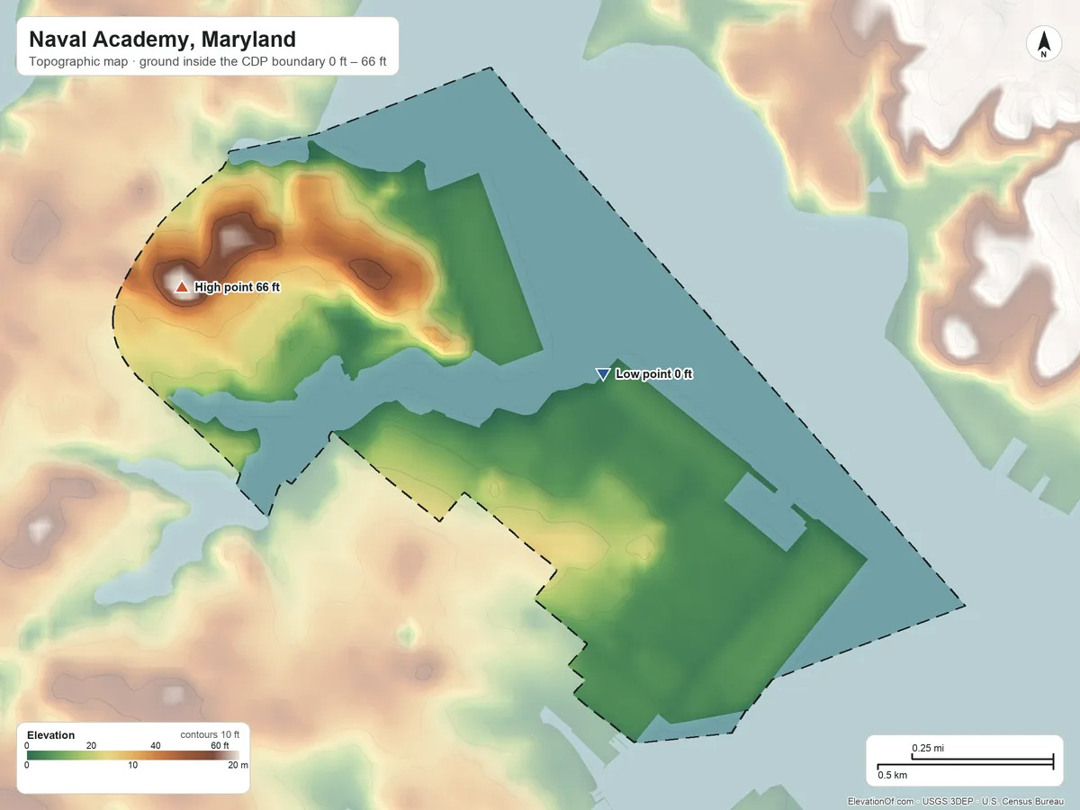 Topographic elevation map of Naval Academy, Maryland, shaded from 0 ft on the east side to 66 ft on the west side