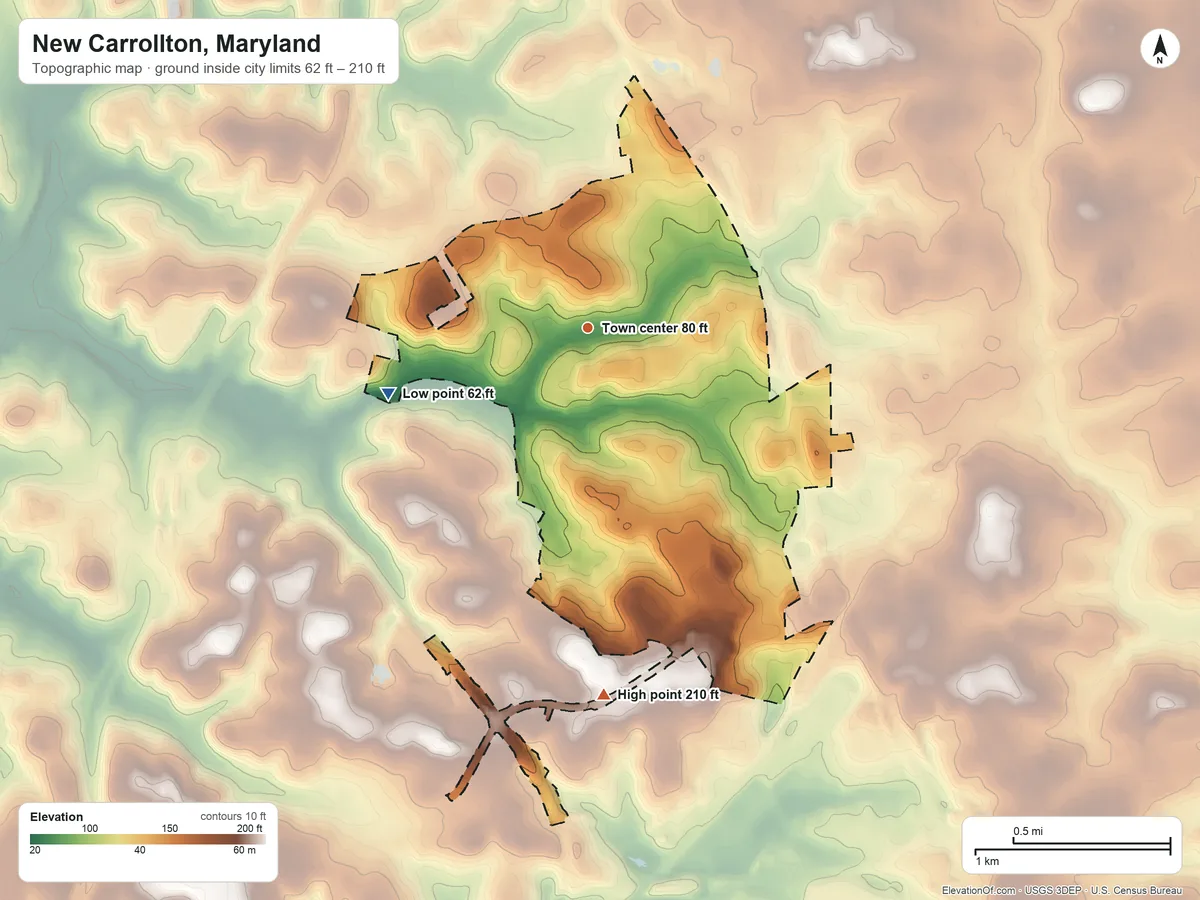 Topographic elevation map of New Carrollton, Maryland, shaded from 62 ft on the west side to 210 ft on the south side