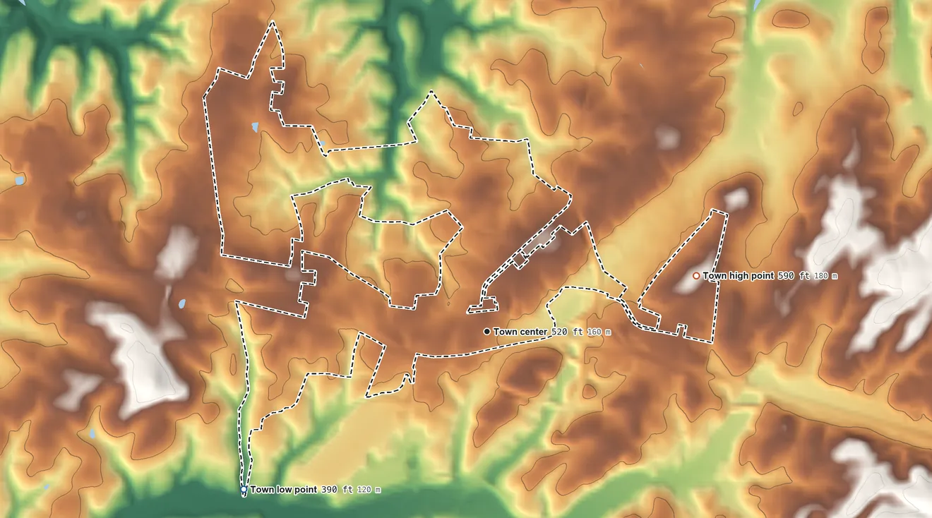 Topographic elevation map of New Market, Maryland, shaded from 390 ft on the southwest side to 590 ft on the east side