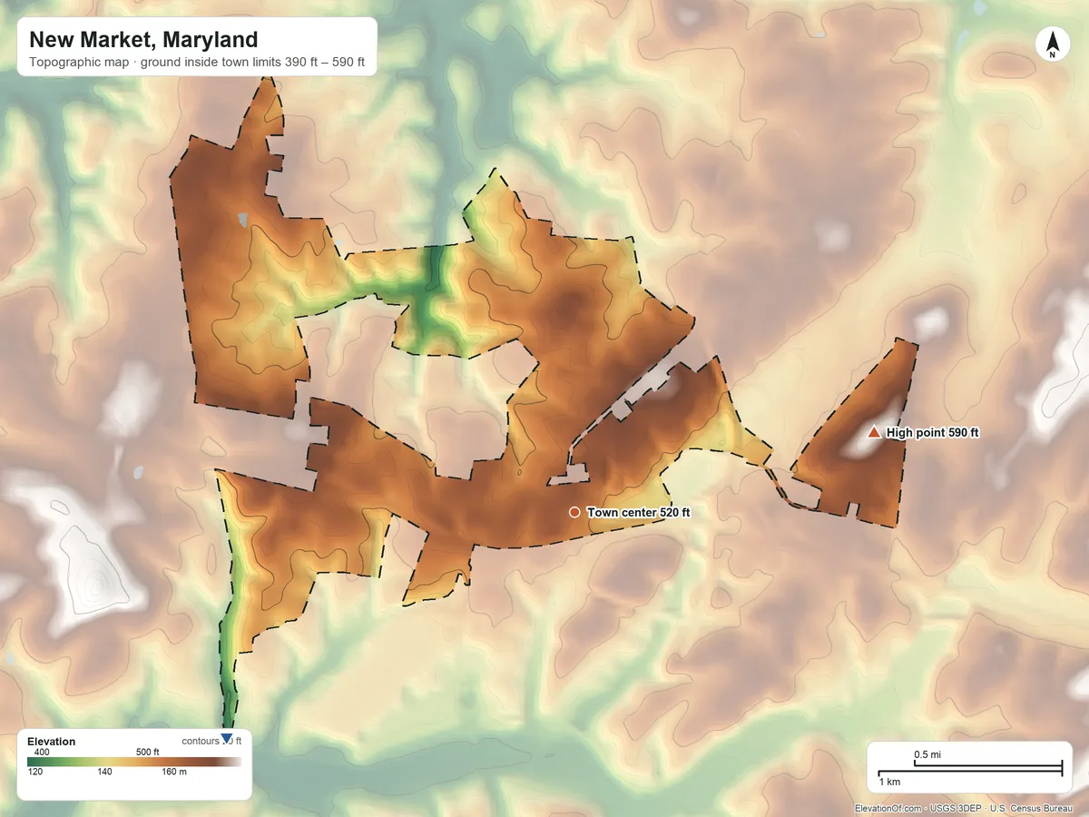 Topographic elevation map of New Market, Maryland, shaded from 390 ft on the southwest side to 590 ft on the east side
