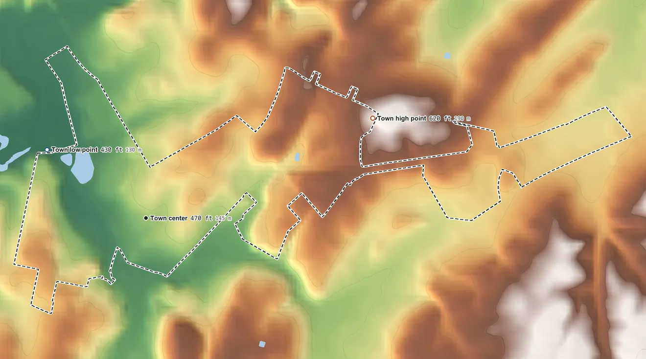 Topographic elevation map of New Windsor, Maryland, shaded from 430 ft on the northwest side to 620 ft on the northeast side