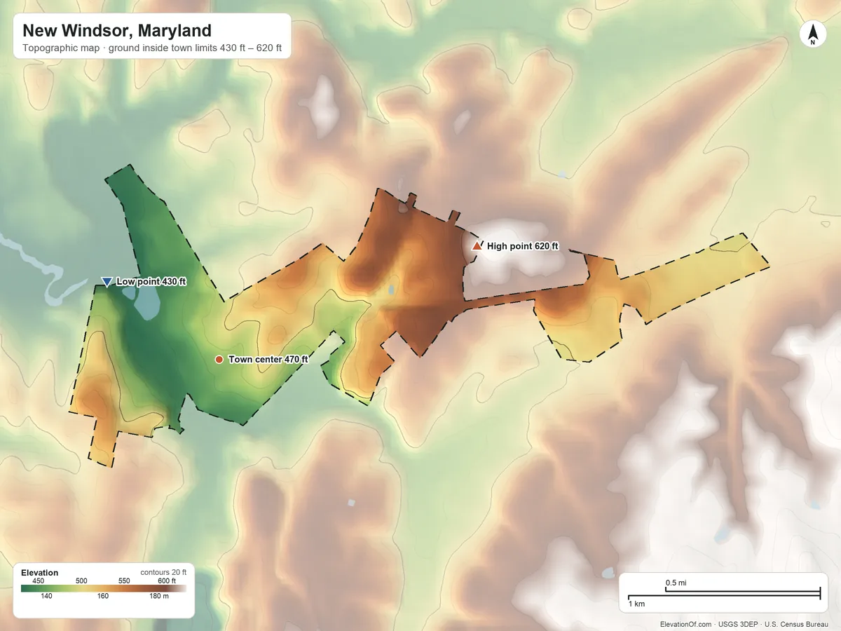 Topographic elevation map of New Windsor, Maryland, shaded from 430 ft on the northwest side to 620 ft on the northeast side