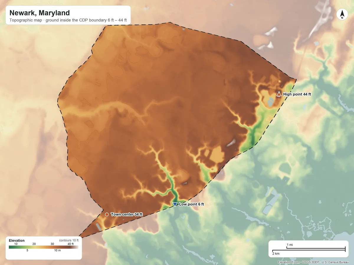 Topographic elevation map of Newark, Maryland, shaded from 6 ft on the east side to 44 ft on the northeast side