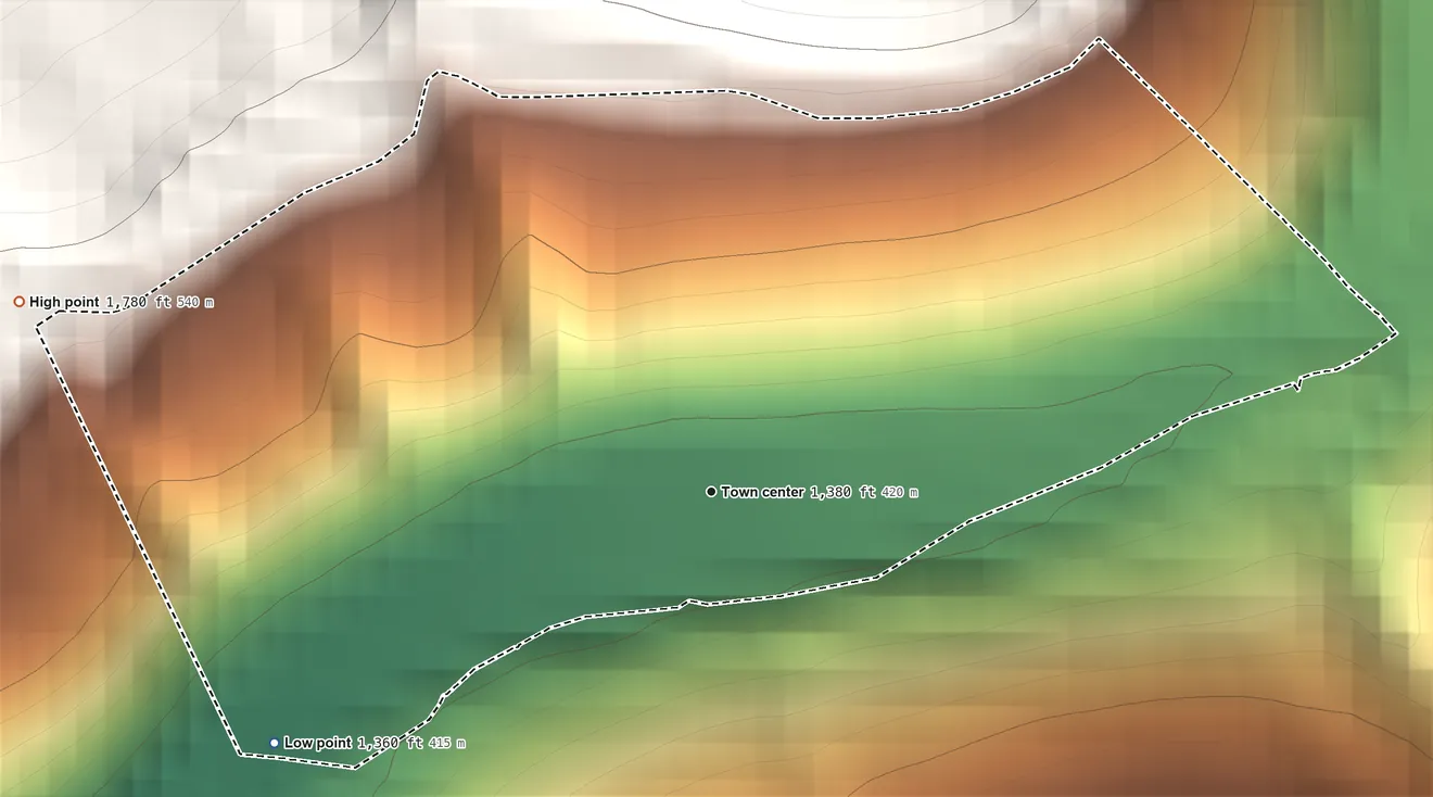 Topographic elevation map of Nikep, Maryland, shaded from 1,360 ft on the southwest side to 1,780 ft on the west edge, below higher ground just outside