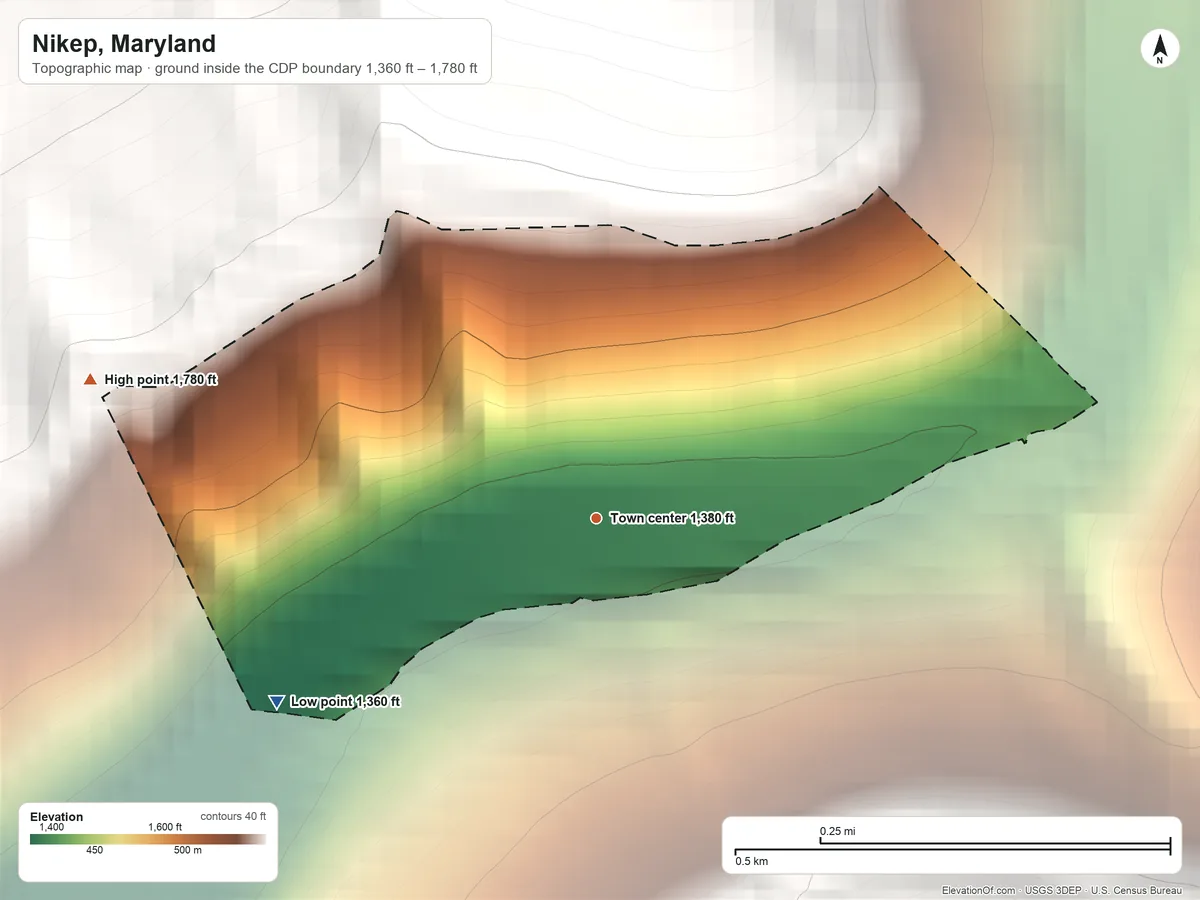 Topographic elevation map of Nikep, Maryland, shaded from 1,360 ft on the southwest side to 1,780 ft on the west edge, below higher ground just outside