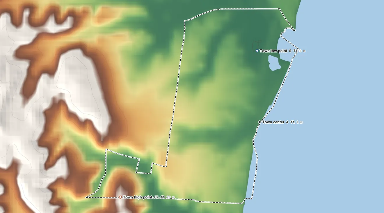 Topographic elevation map of North Beach, Maryland, shaded from sea level level on Chesapeake Bay to 67 ft on the southwest side