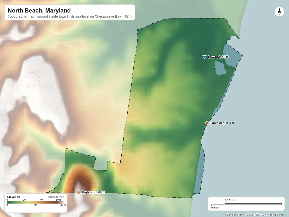 Topographic elevation map of North Beach, Maryland, shaded from sea level level on Chesapeake Bay to 67 ft on the southwest side