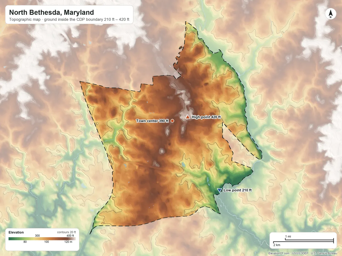 Topographic elevation map of North Bethesda, Maryland, shaded from 210 ft on the southeast side to 420 ft near the middle