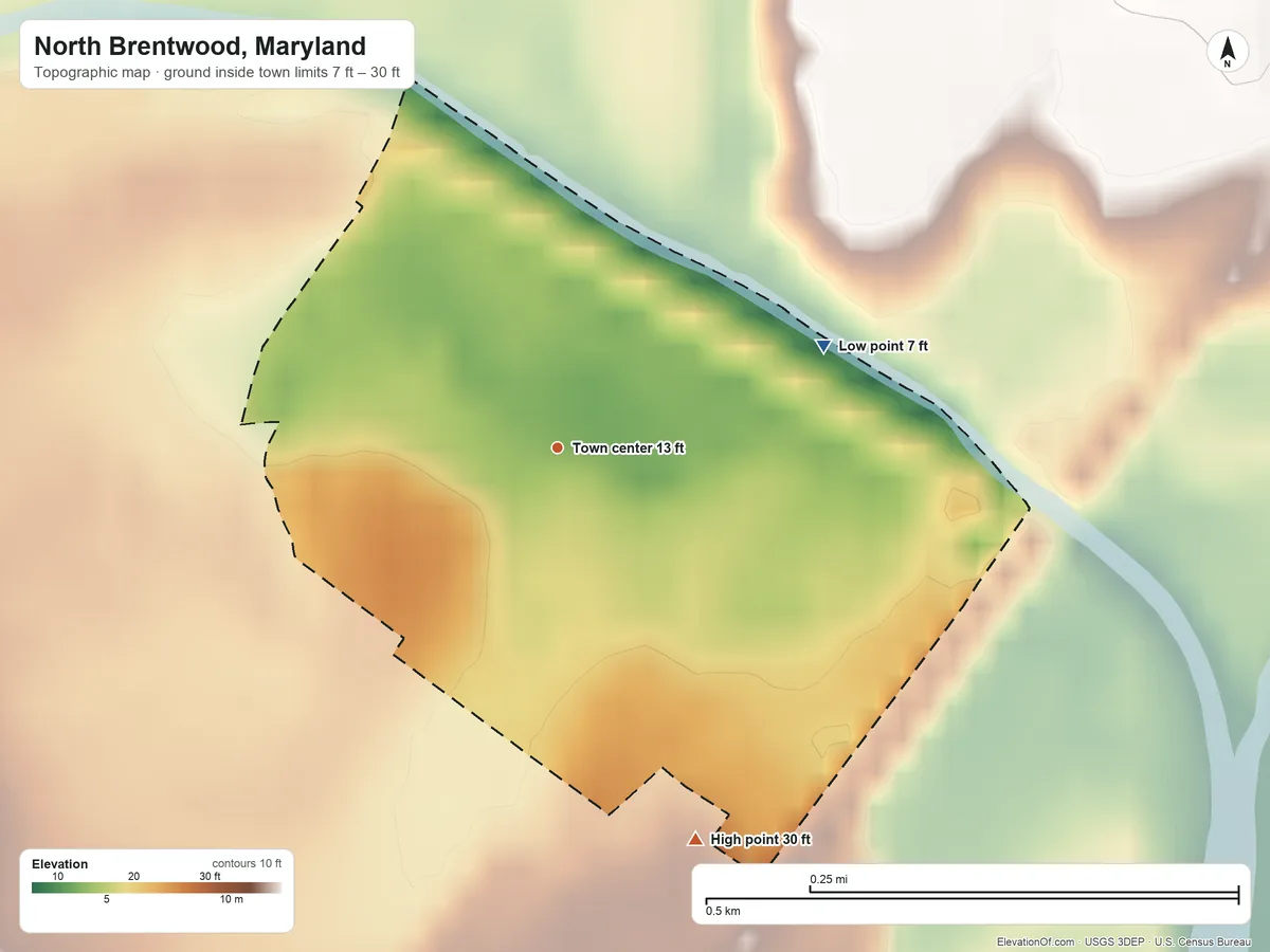Topographic elevation map of North Brentwood, Maryland, shaded from 7 ft on the east side to 30 ft on the south side