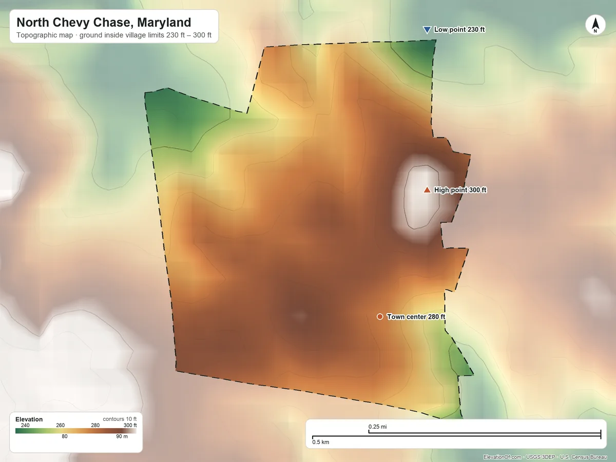 Topographic elevation map of North Chevy Chase, Maryland, shaded from 230 ft on the north side to 300 ft on the north side