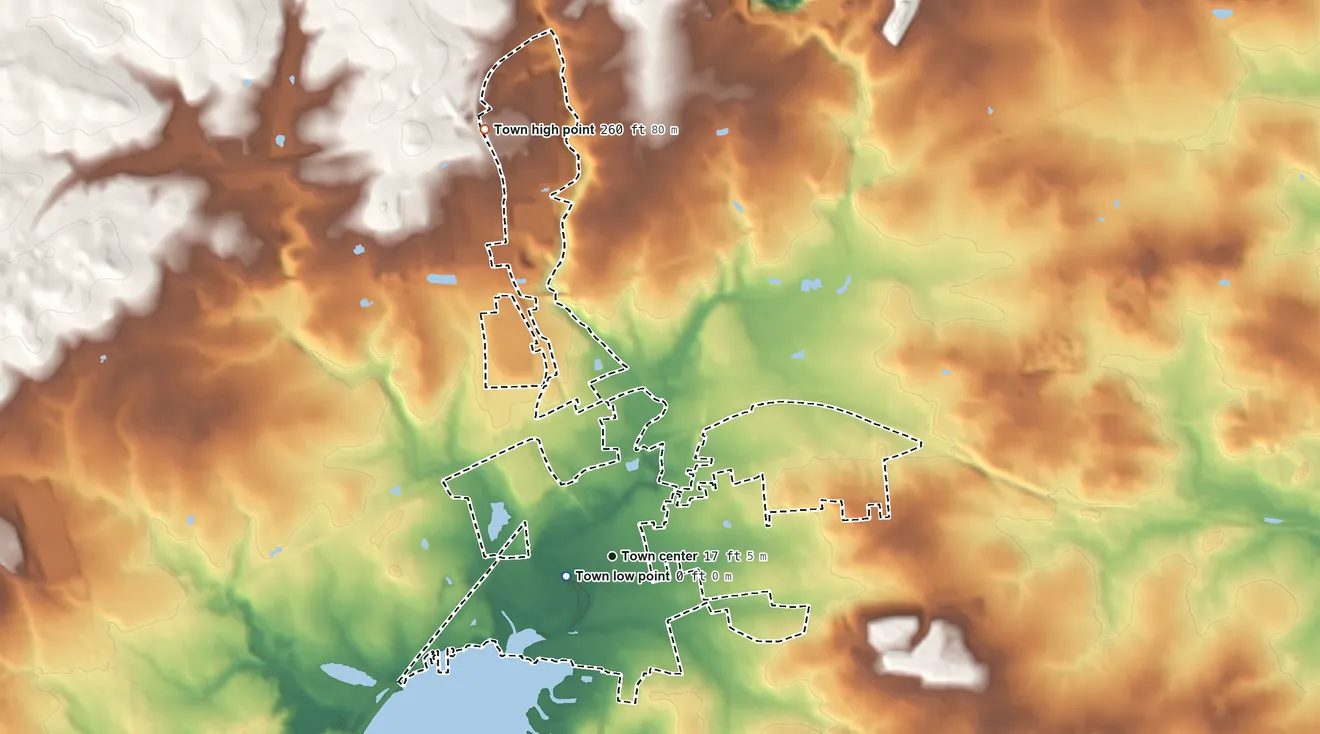 Topographic elevation map of North East, Maryland, shaded from 0 ft near the middle to 260 ft on the north side