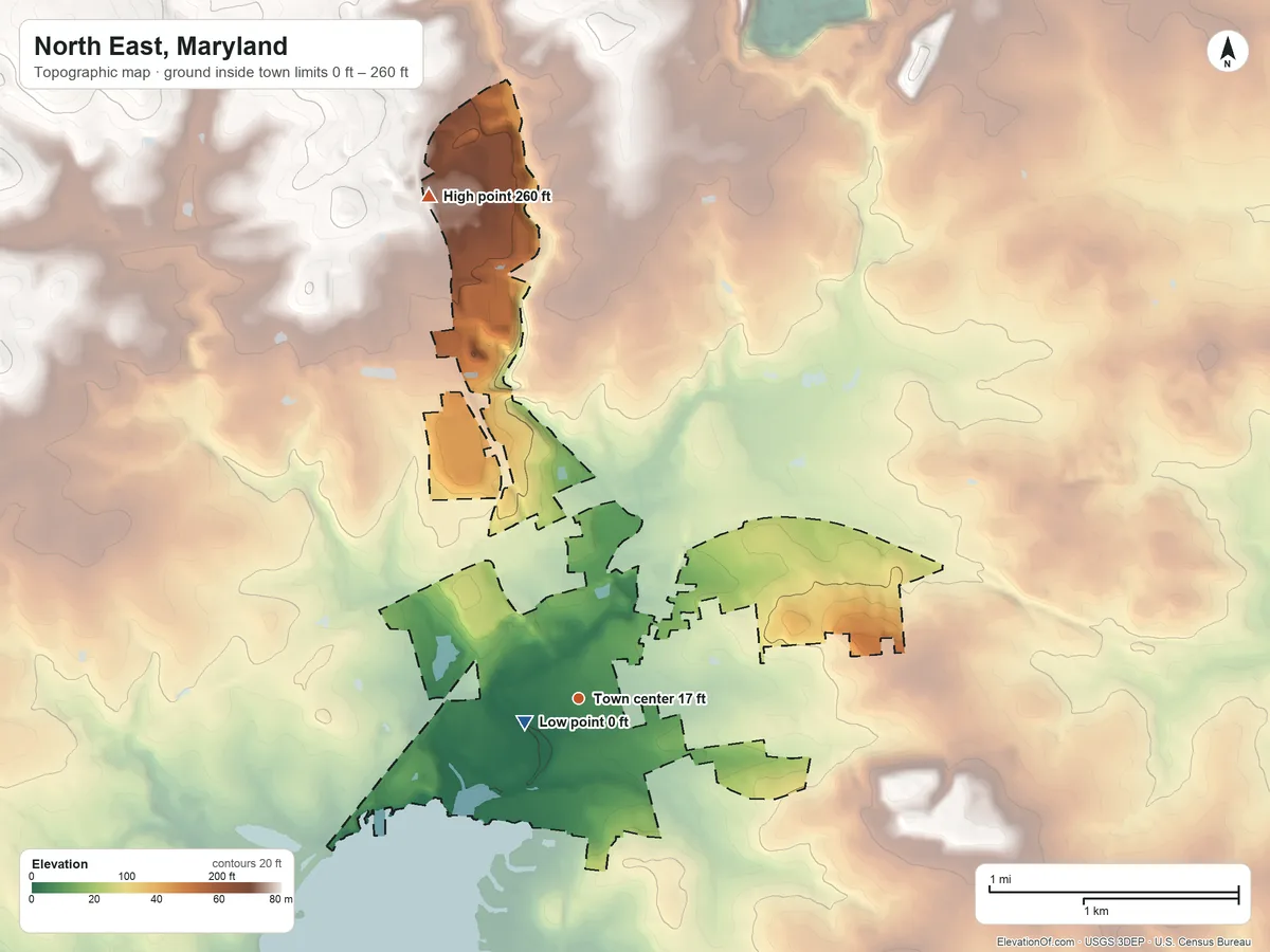Topographic elevation map of North East, Maryland, shaded from 0 ft near the middle to 260 ft on the north side
