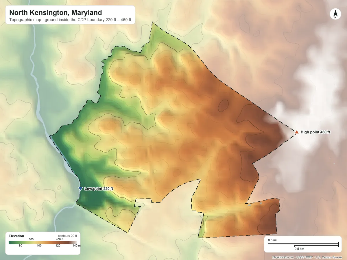 Topographic elevation map of North Kensington, Maryland, shaded from 220 ft on the southwest side to 460 ft on the east side