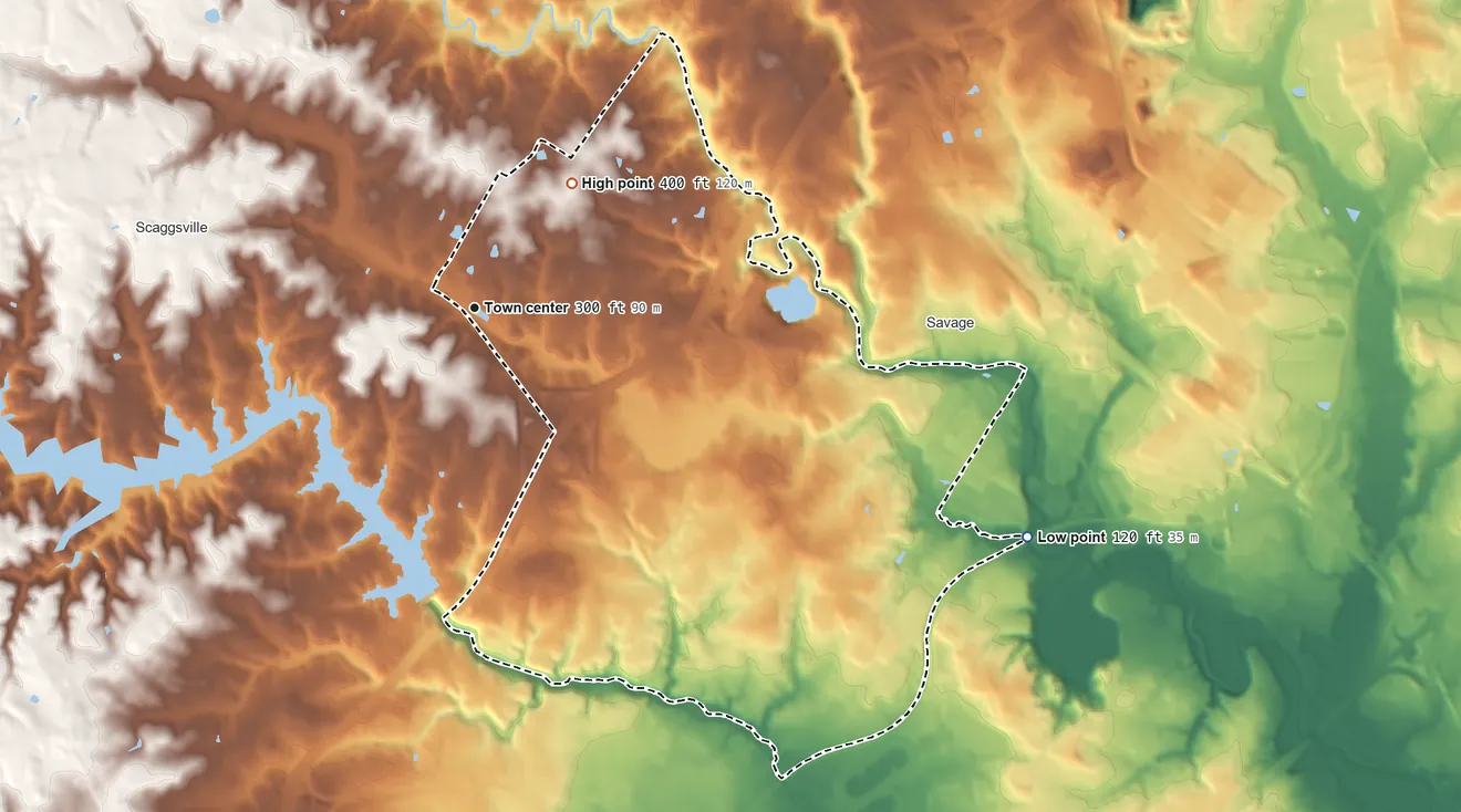 Topographic elevation map of North Laurel, Maryland, shaded from 120 ft on the southeast side to 400 ft on the northeast side