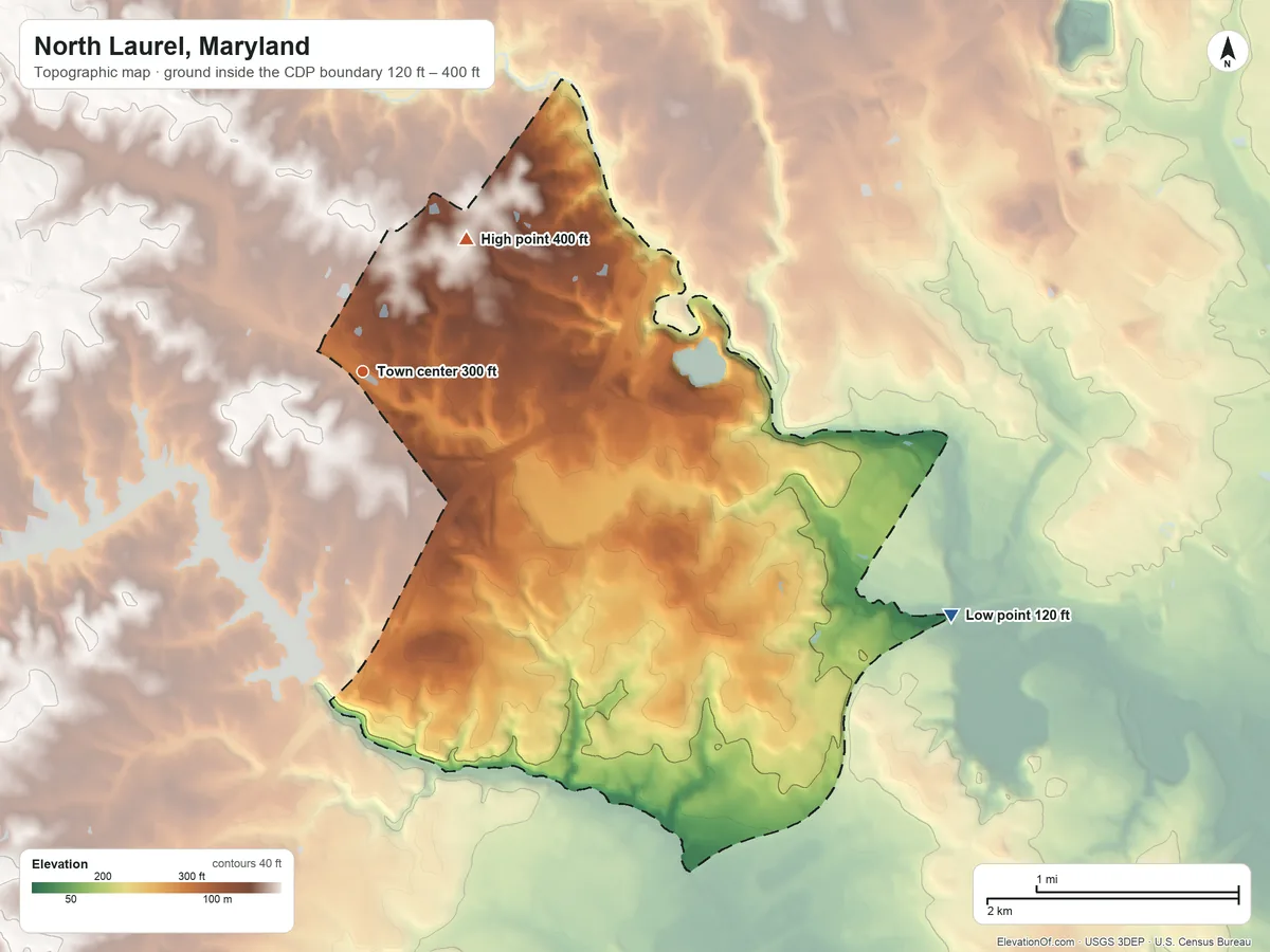 Topographic elevation map of North Laurel, Maryland, shaded from 120 ft on the southeast side to 400 ft on the northeast side
