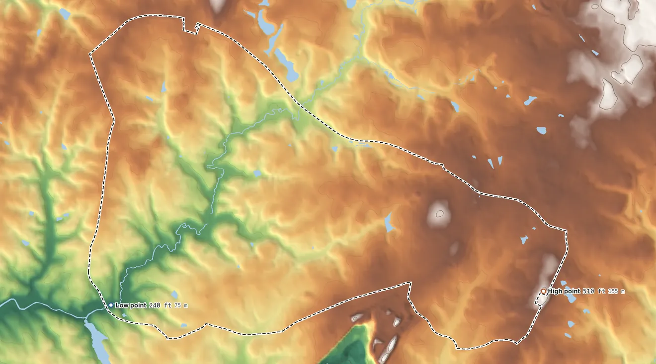 Topographic elevation map of North Potomac, Maryland, shaded from 240 ft on the southwest side to 510 ft on the east edge, below higher ground just outside