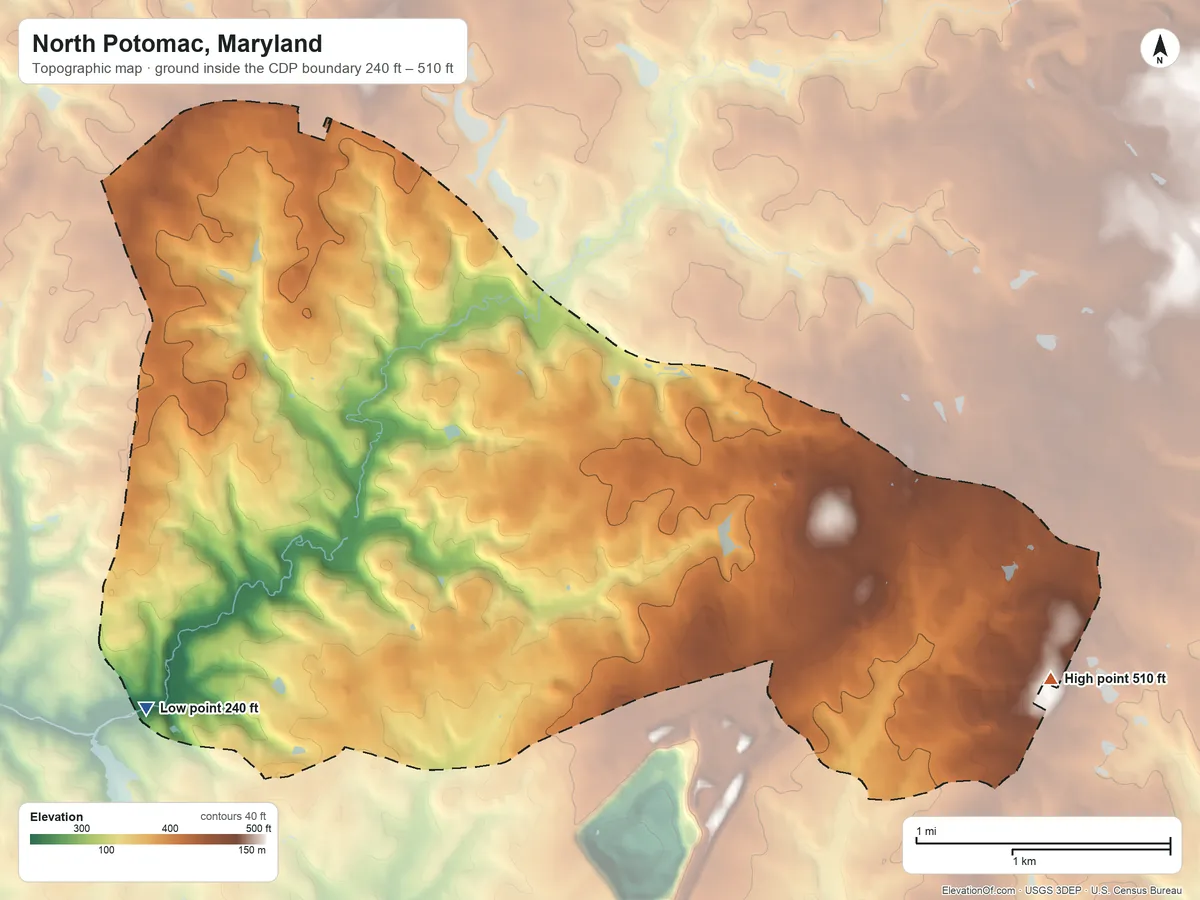 Topographic elevation map of North Potomac, Maryland, shaded from 240 ft on the southwest side to 510 ft on the east edge, below higher ground just outside