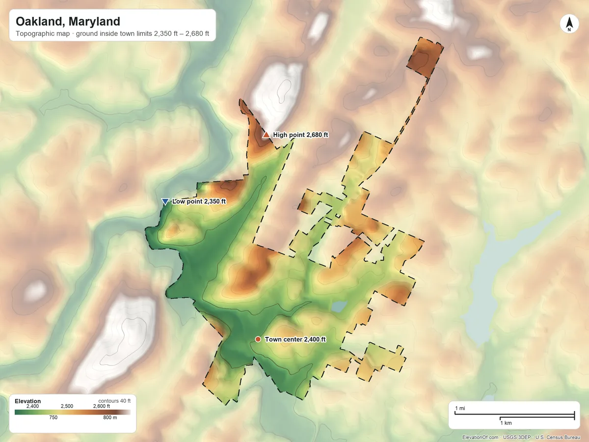 Topographic elevation map of Oakland, Maryland, shaded from 2,350 ft on the northwest side to 2,680 ft on the north side
