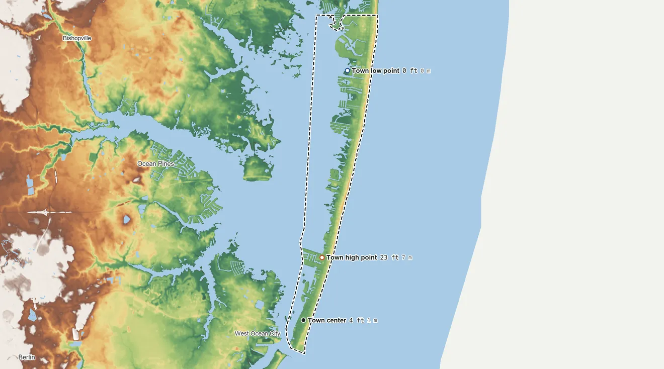 Topographic elevation map of Ocean City, Maryland, shaded from sea level level on the Atlantic Ocean to 23 ft on the north side