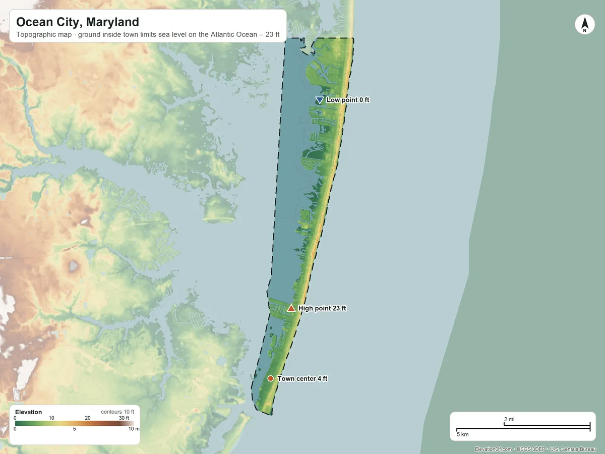 Topographic elevation map of Ocean City, Maryland, shaded from sea level level on the Atlantic Ocean to 23 ft on the north side