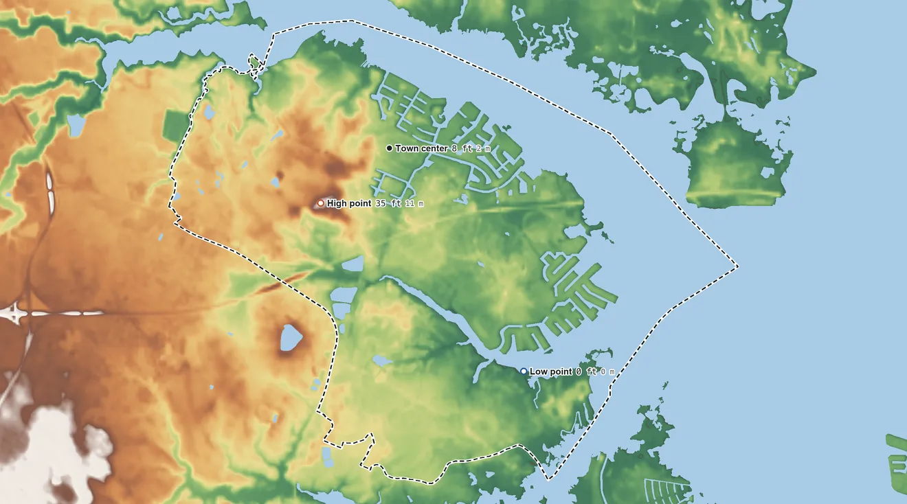 Topographic elevation map of Ocean Pines, Maryland, shaded from 0 ft on the southeast side to 35 ft on the southwest side