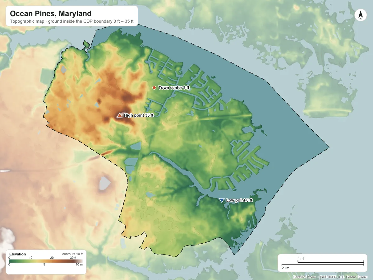 Topographic elevation map of Ocean Pines, Maryland, shaded from 0 ft on the southeast side to 35 ft on the southwest side