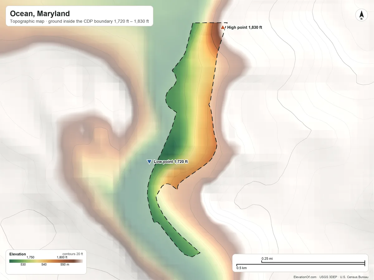 Topographic elevation map of Ocean, Maryland, shaded from 1,720 ft on the southwest side to 1,830 ft on the northeast edge, below higher ground just outside