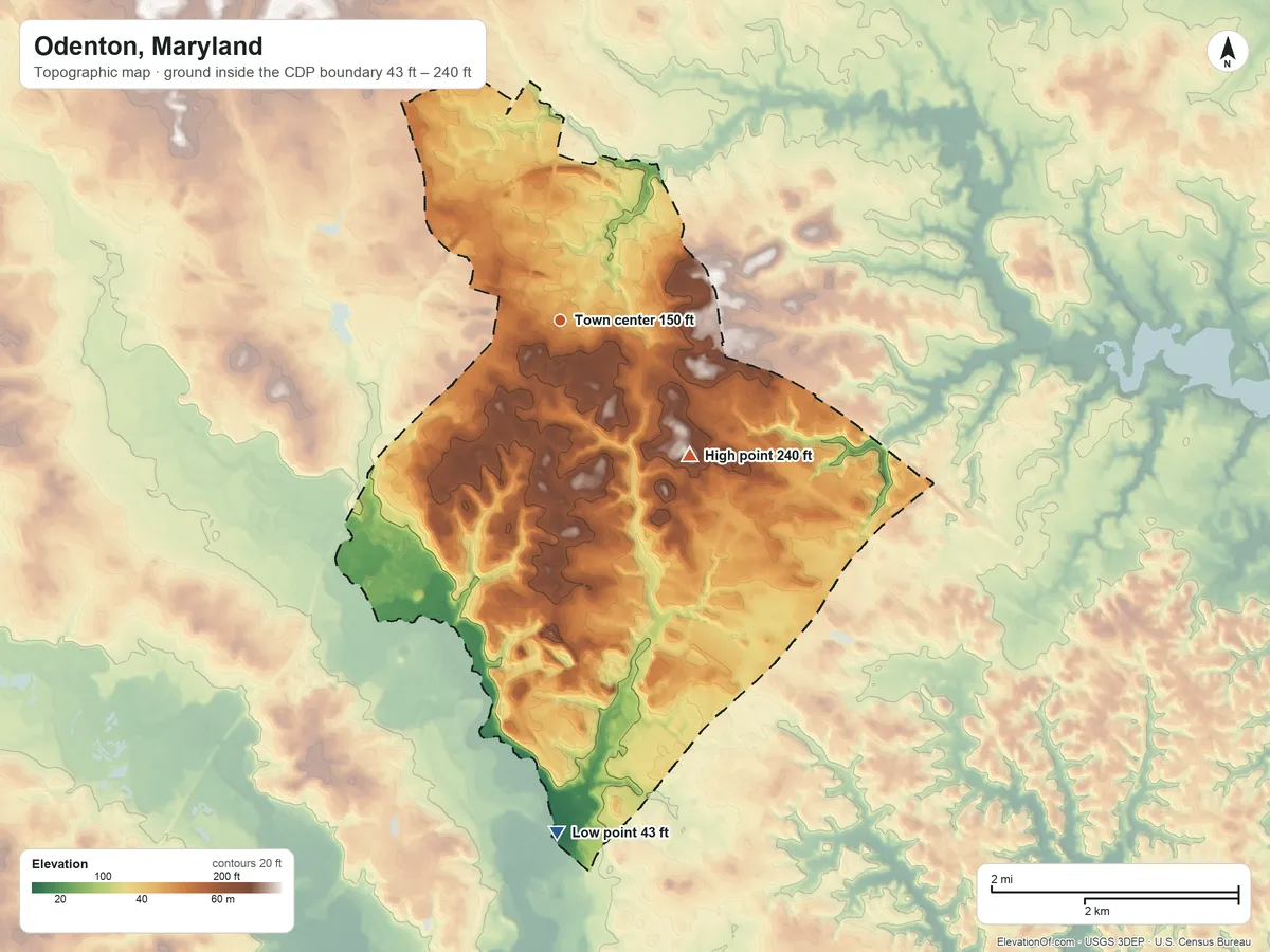 Topographic elevation map of Odenton, Maryland, shaded from 43 ft on the south side to 240 ft on the southeast side