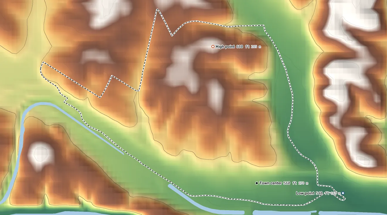 Topographic elevation map of Oldtown, Maryland, shaded from 540 ft on the east side to 680 ft on the north side