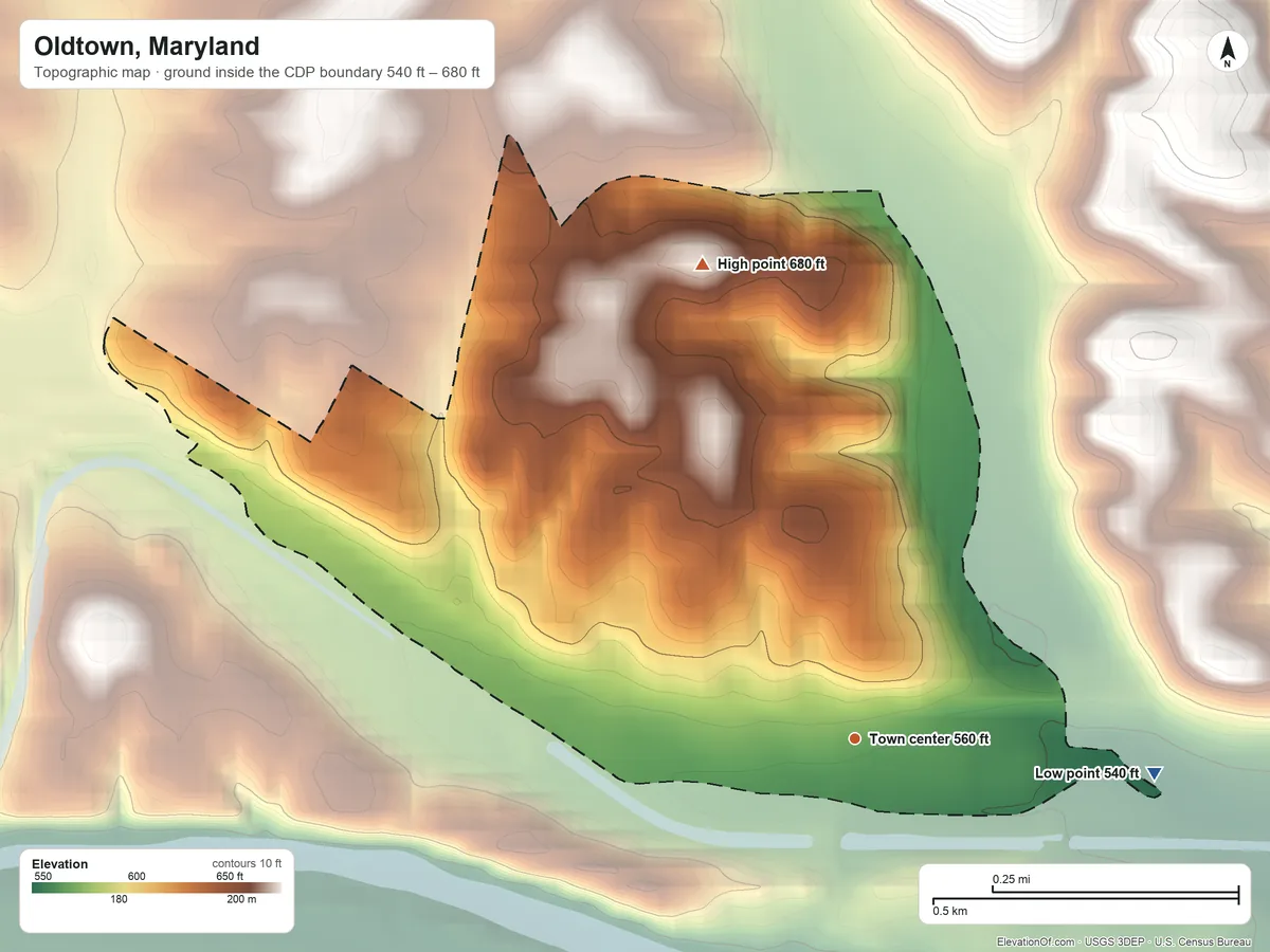 Topographic elevation map of Oldtown, Maryland, shaded from 540 ft on the east side to 680 ft on the north side