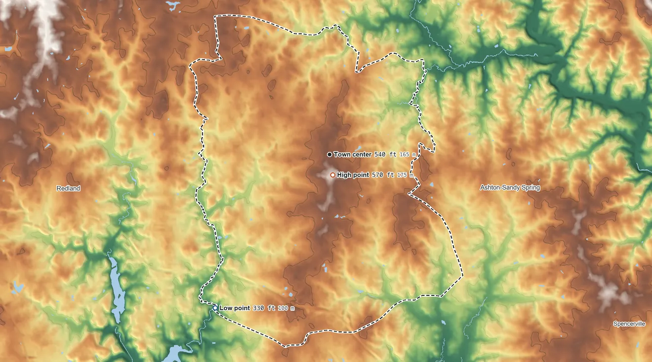 Topographic elevation map of Olney, Maryland, shaded from 330 ft on the southwest side to 570 ft near the middle