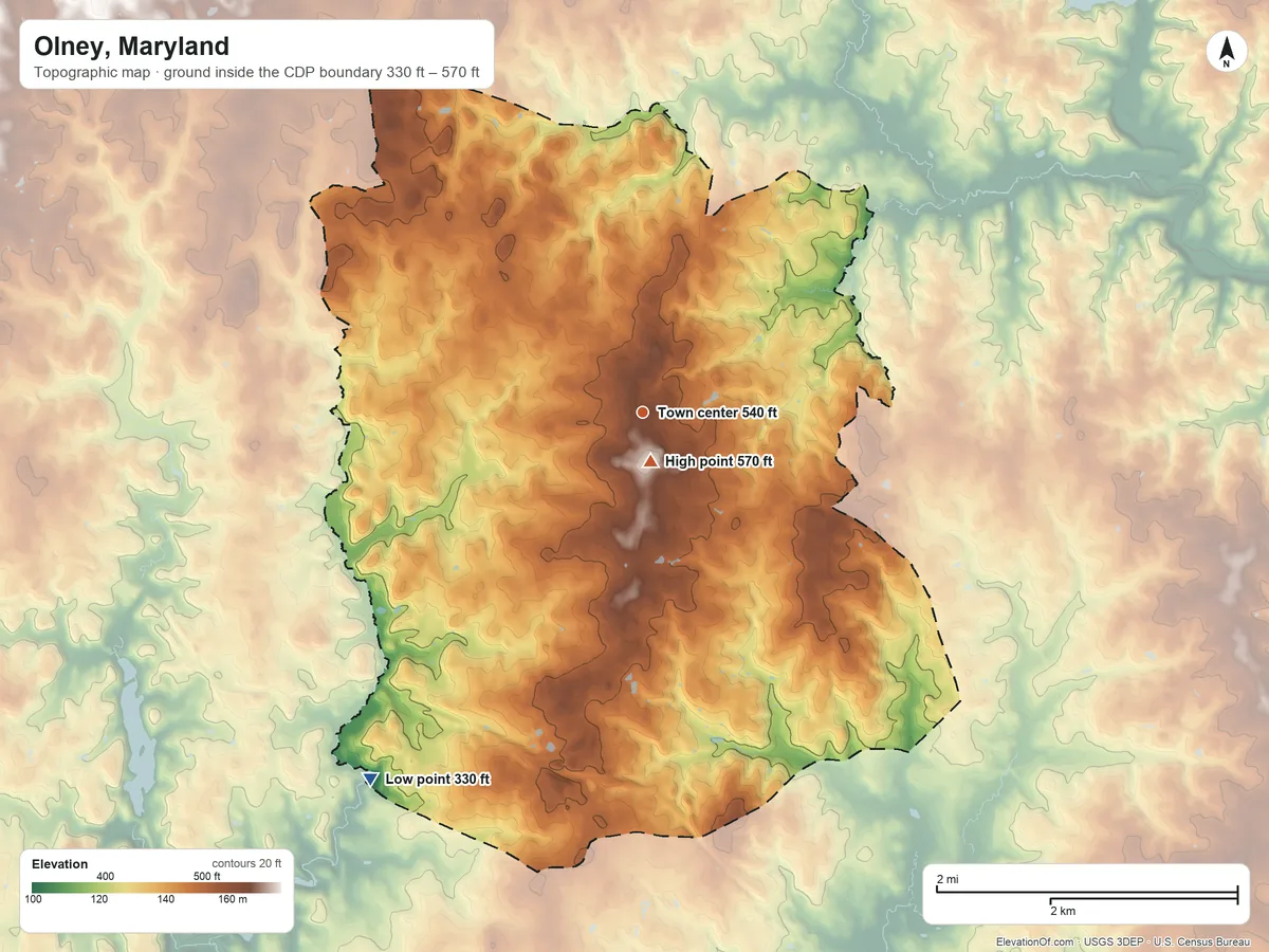 Topographic elevation map of Olney, Maryland, shaded from 330 ft on the southwest side to 570 ft near the middle