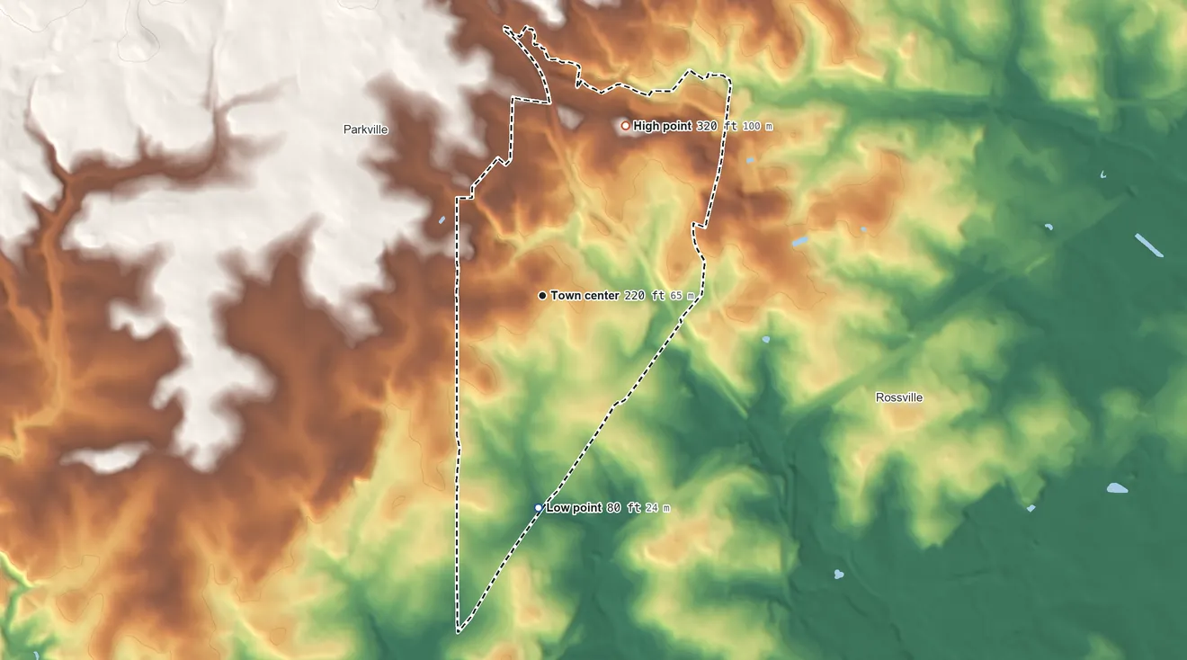 Topographic elevation map of Overlea, Maryland, shaded from 80 ft on the south side to 320 ft on the northeast side