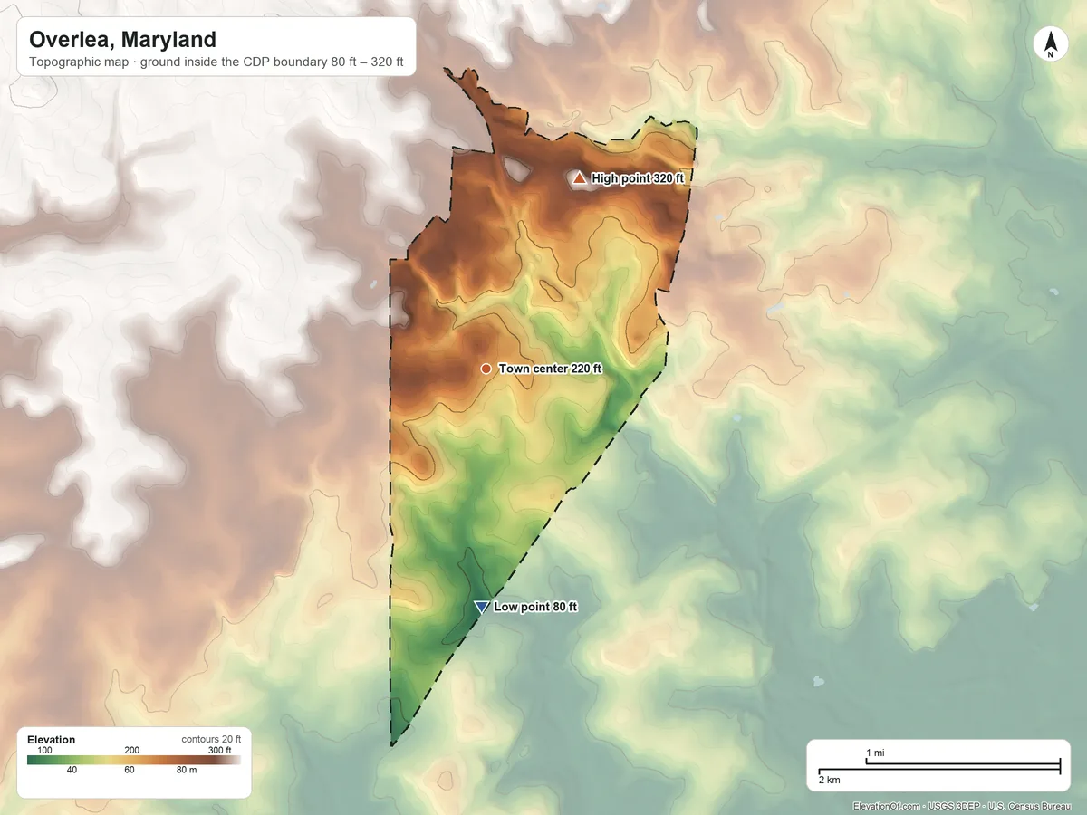 Topographic elevation map of Overlea, Maryland, shaded from 80 ft on the south side to 320 ft on the northeast side