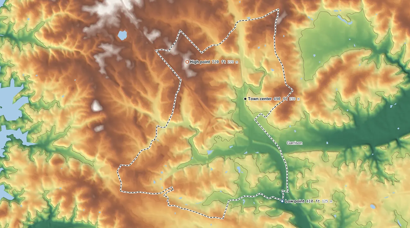 Topographic elevation map of Owings Mills, Maryland, shaded from 410 ft on the south side to 720 ft on the northwest side