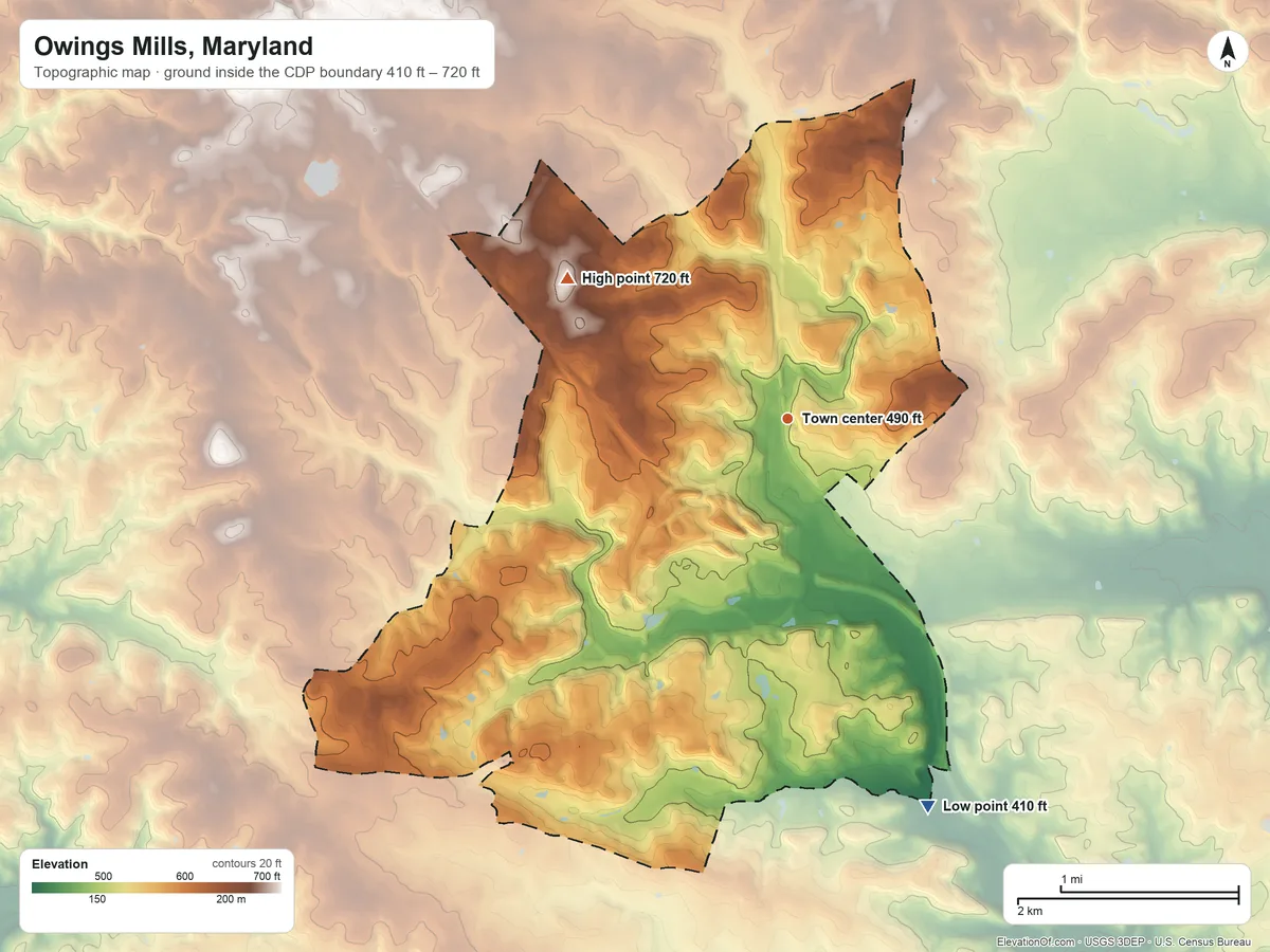 Topographic elevation map of Owings Mills, Maryland, shaded from 410 ft on the south side to 720 ft on the northwest side