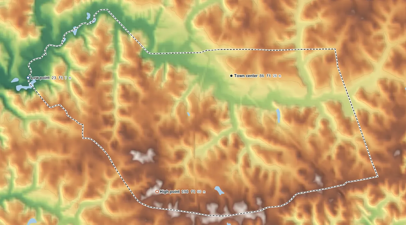 Topographic elevation map of Owings, Maryland, shaded from 23 ft on the west side to 190 ft on the southwest side