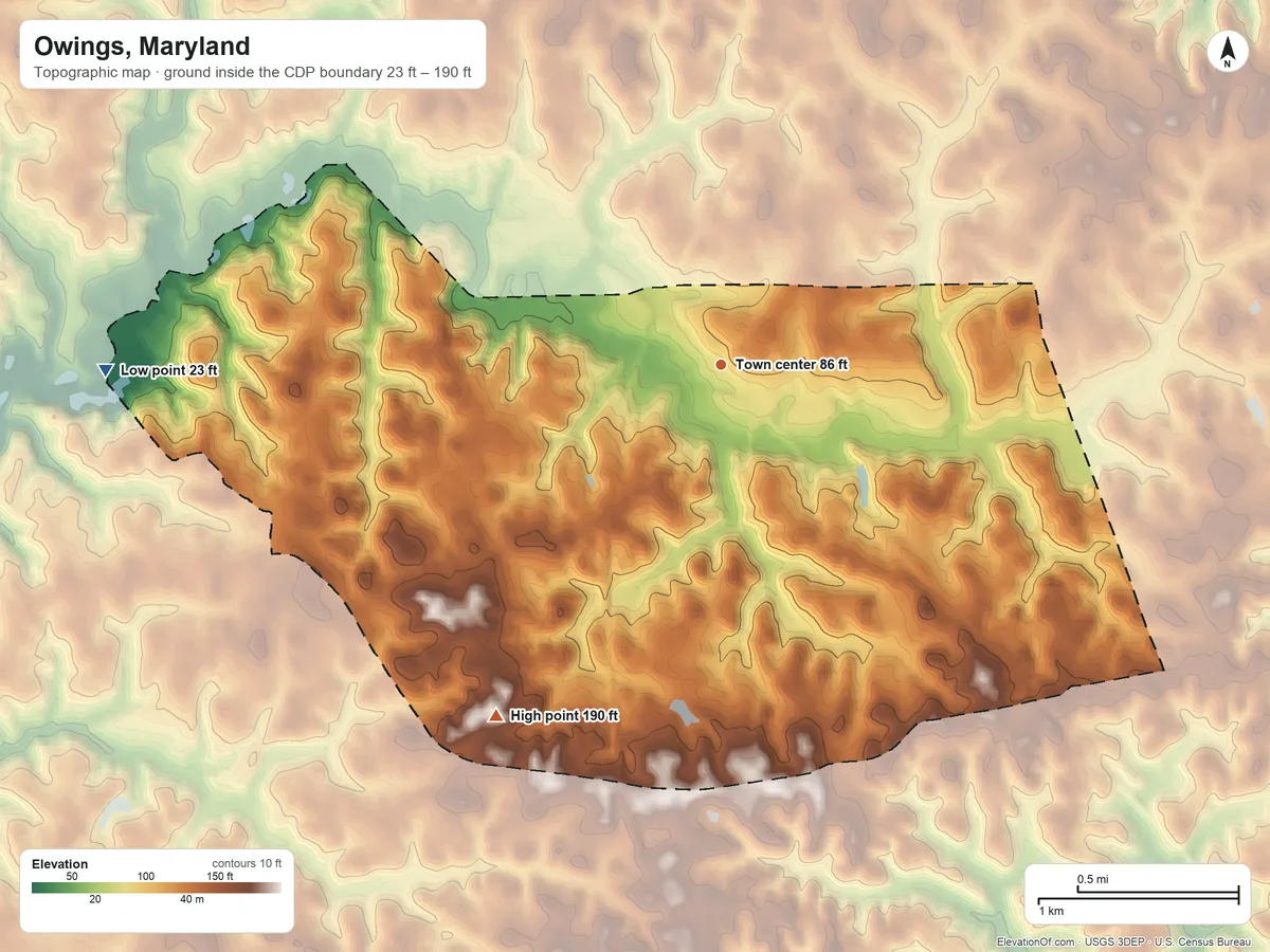 Topographic elevation map of Owings, Maryland, shaded from 23 ft on the west side to 190 ft on the southwest side