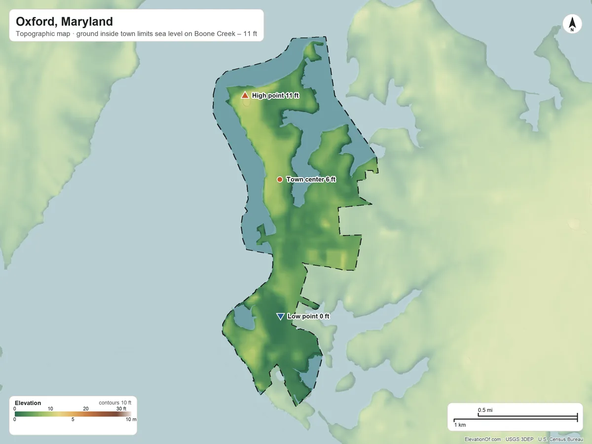 Topographic elevation map of Oxford, Maryland, shaded from sea level level on Boone Creek to 11 ft on the north side