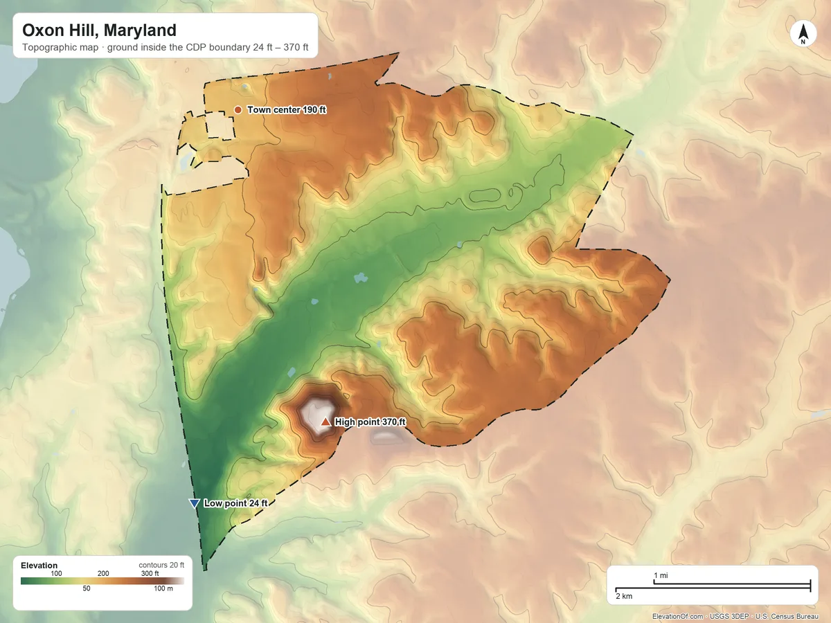 Topographic elevation map of Oxon Hill, Maryland, shaded from 24 ft on the south side to 370 ft on the south side