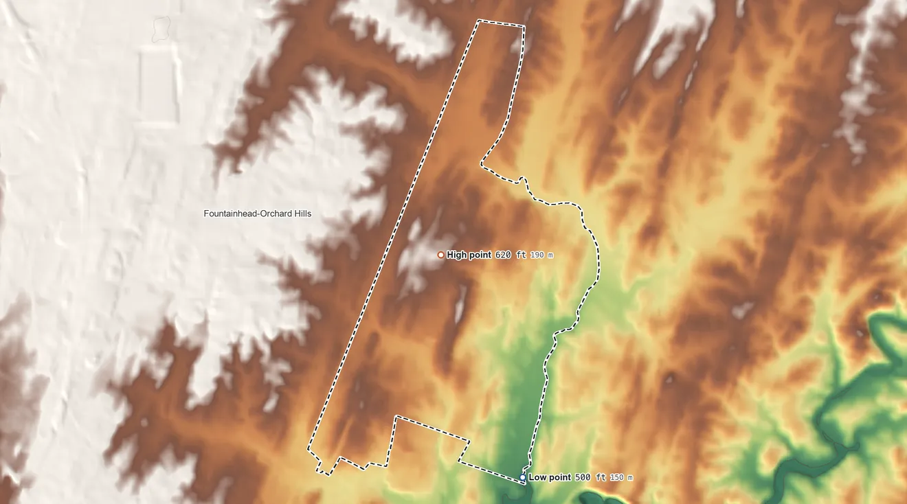 Topographic elevation map of Paramount-Long Meadow, Maryland, shaded from 500 ft on the southeast side to 620 ft near the middle