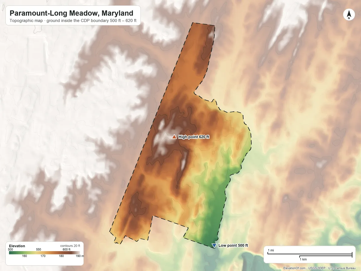 Topographic elevation map of Paramount-Long Meadow, Maryland, shaded from 500 ft on the southeast side to 620 ft near the middle