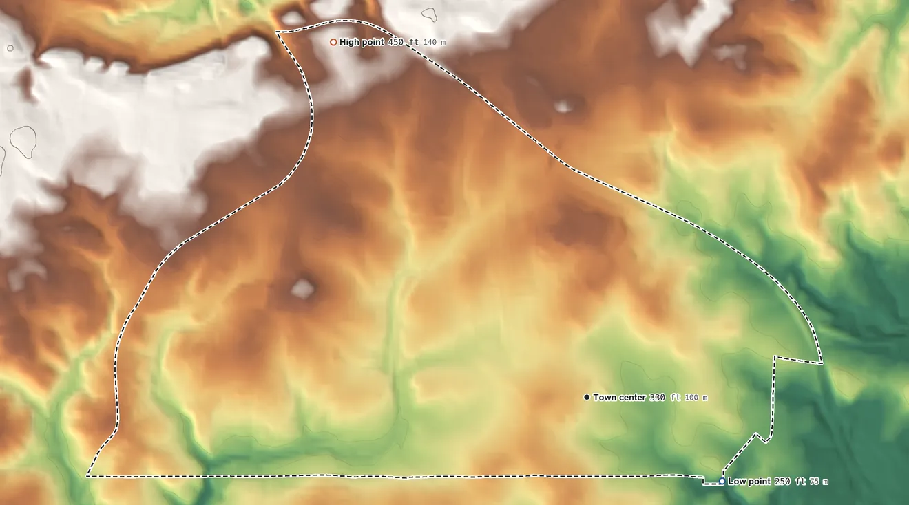 Topographic elevation map of Parkville, Maryland, shaded from 250 ft on the southeast side to 450 ft on the northwest side
