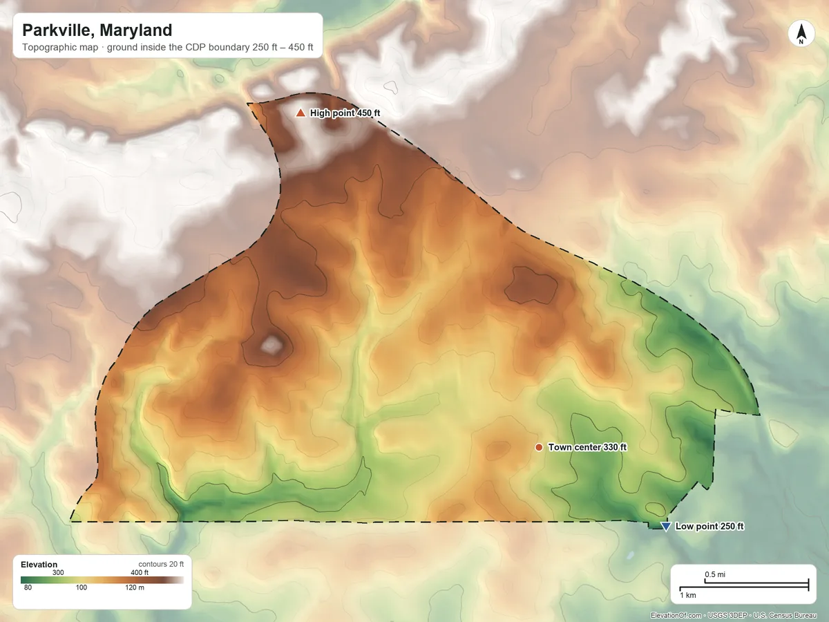 Topographic elevation map of Parkville, Maryland, shaded from 250 ft on the southeast side to 450 ft on the northwest side