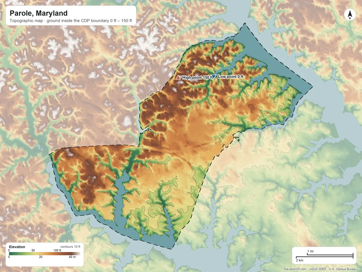 Topographic elevation map of Parole, Maryland, shaded from 0 ft on the north side to 150 ft on the north side
