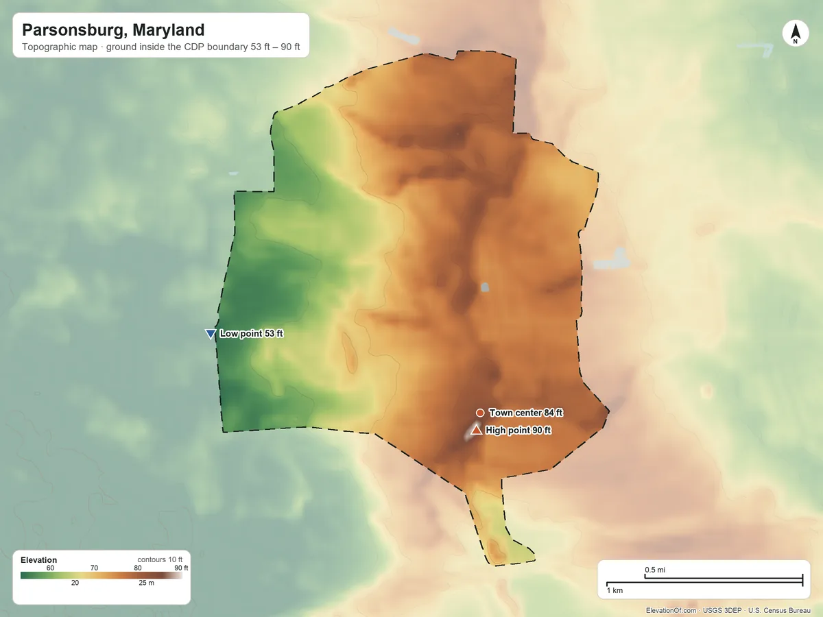 Topographic elevation map of Parsonsburg, Maryland, shaded from 53 ft on the west side to 90 ft near the middle