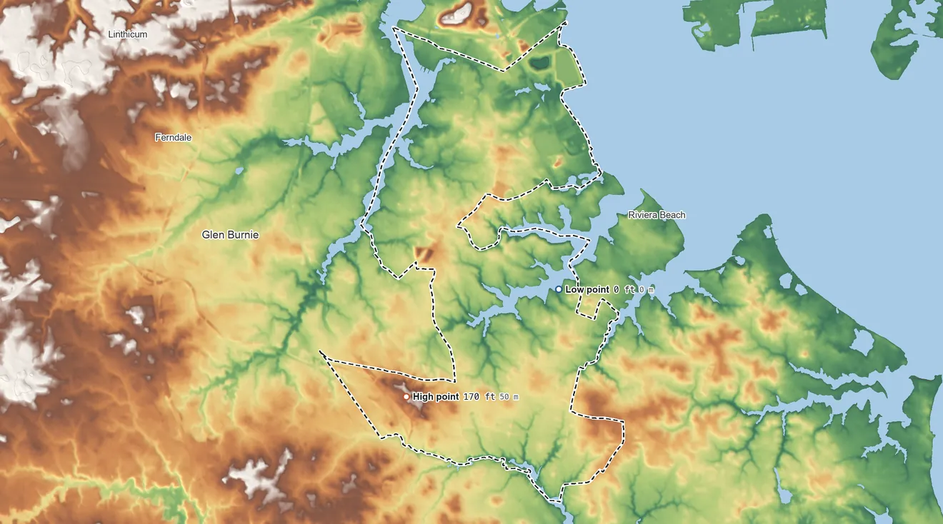 Topographic elevation map of Pasadena, Maryland, shaded from sea level level on Big Burly Cove to 170 ft on the southwest side