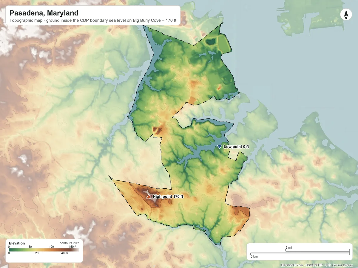 Topographic elevation map of Pasadena, Maryland, shaded from sea level level on Big Burly Cove to 170 ft on the southwest side