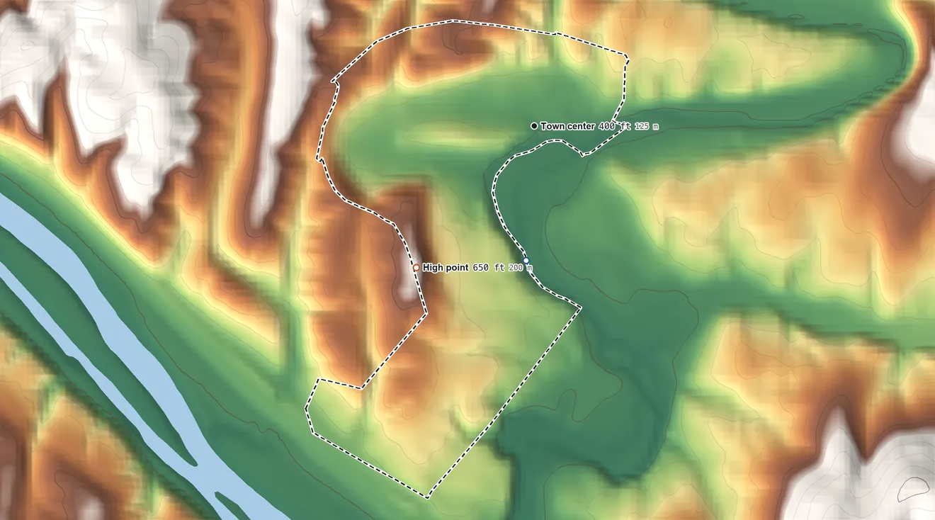 Topographic elevation map of Pecktonville, Maryland, shaded from 390 ft on the south side to 650 ft on the southwest side