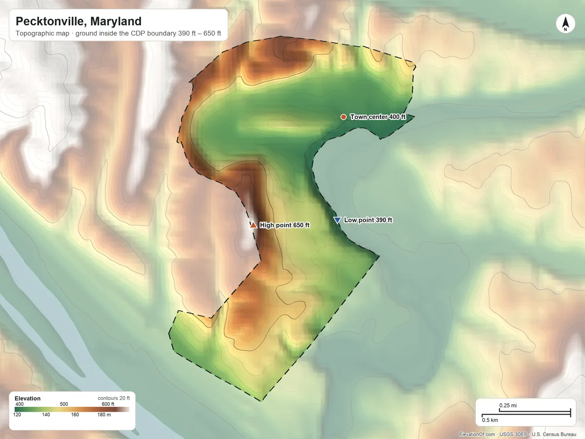 Topographic elevation map of Pecktonville, Maryland, shaded from 390 ft on the south side to 650 ft on the southwest side